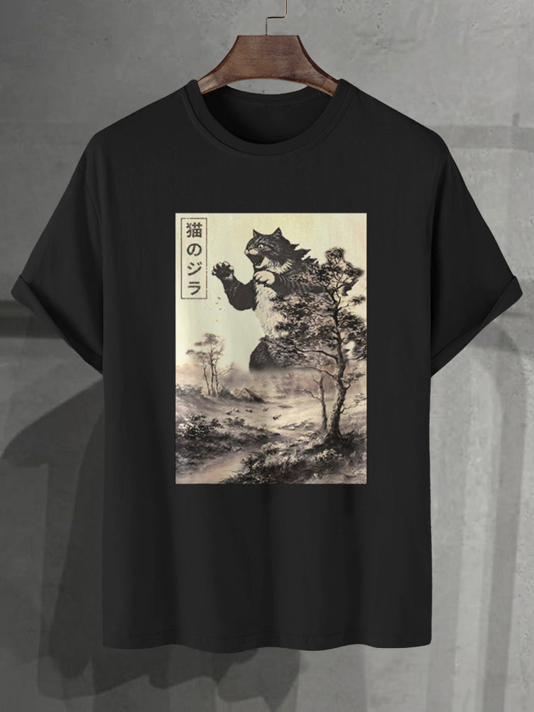 100% Cotton Japanese Giant Cat Illustration Print Casual T-Shirt
