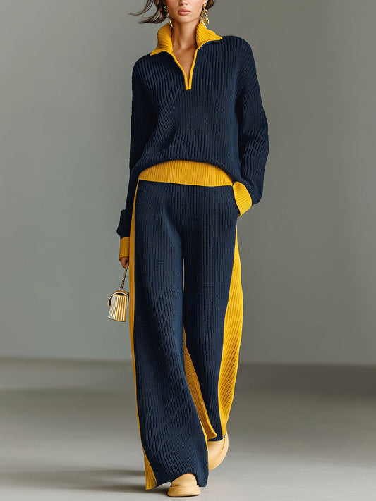 Taidalw Casual Vintage Colorblock Lapel Long Sleeve Oversized Sweater Wide Leg Pants Ribbed Knit Two-Piece Set