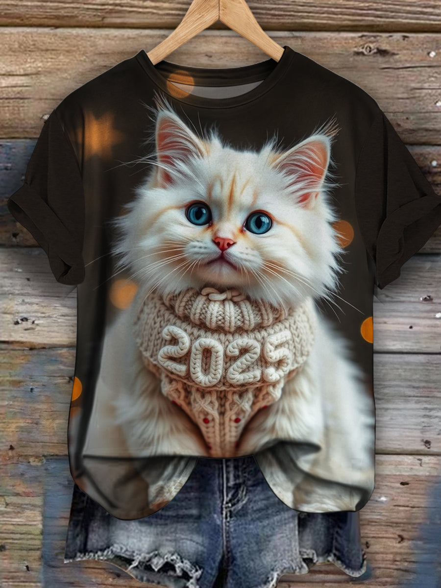 2025 Cat Print Casual Short Sleeve Top