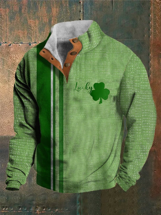 Men's St. Patrick's Day Design Printed Stand Collar Button-Up Sweatshirt