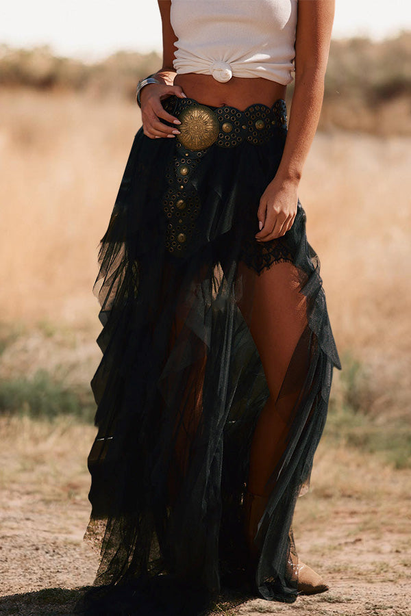 Western rock black tulle maxi dress