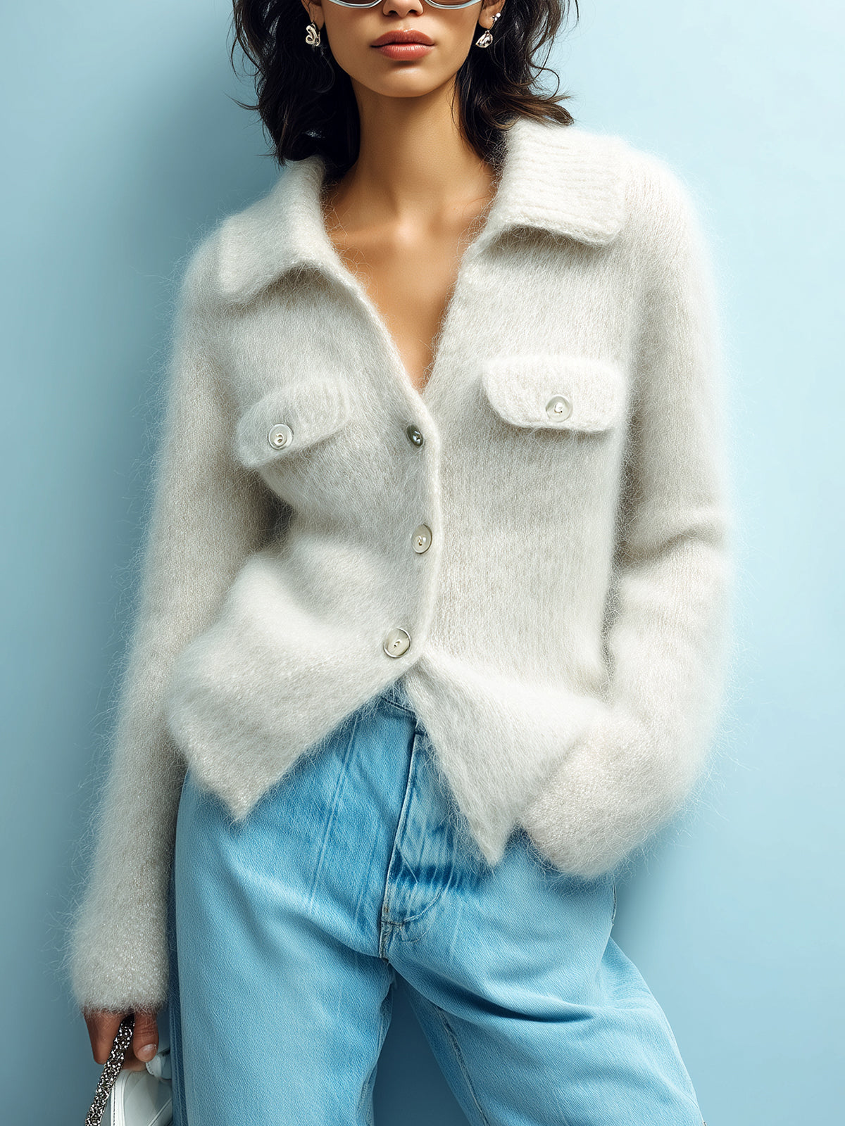 Taidalw Chic Elegant Cream White Lapel Single-Breasted Long Sleeve Decorative Pocket Fuzzy Mohair Knit Cardigan