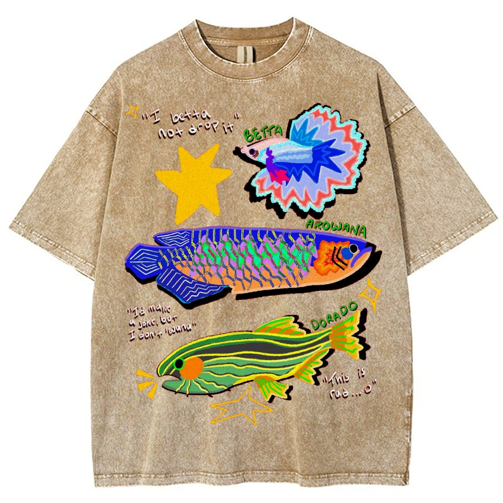 Unisex Colorful Cartoon Fish Washed Tee