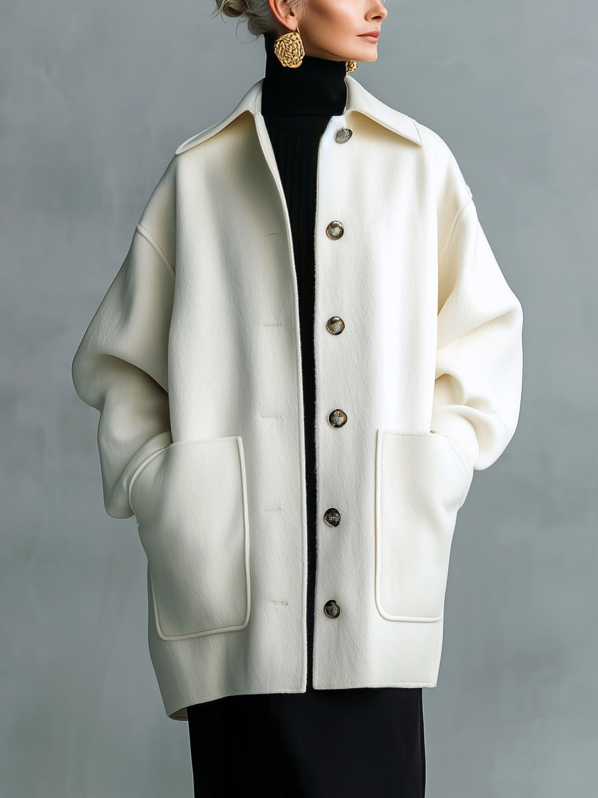 Taidalw Chic Vintage Cream White Wool Blend Lapel Single-Breasted Large Pocket Slouchy Mid-Length Coat