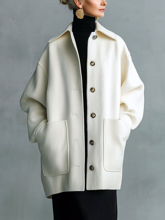 Taidalw Chic Vintage Cream White Wool Blend Lapel Single-Breasted Large Pocket Slouchy Mid-Length Coat