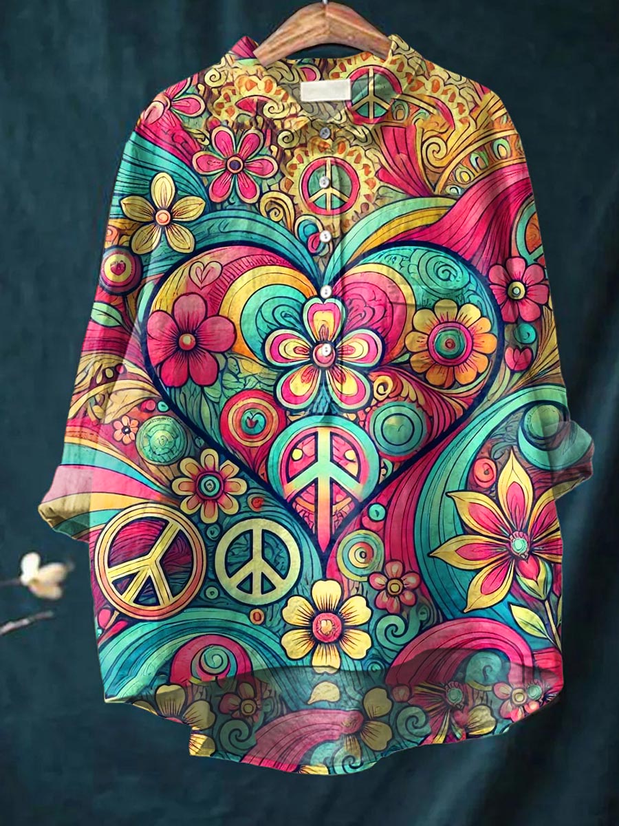 Peace And Love Flower Art Pattern Print Casual Cotton And Linen Shirt