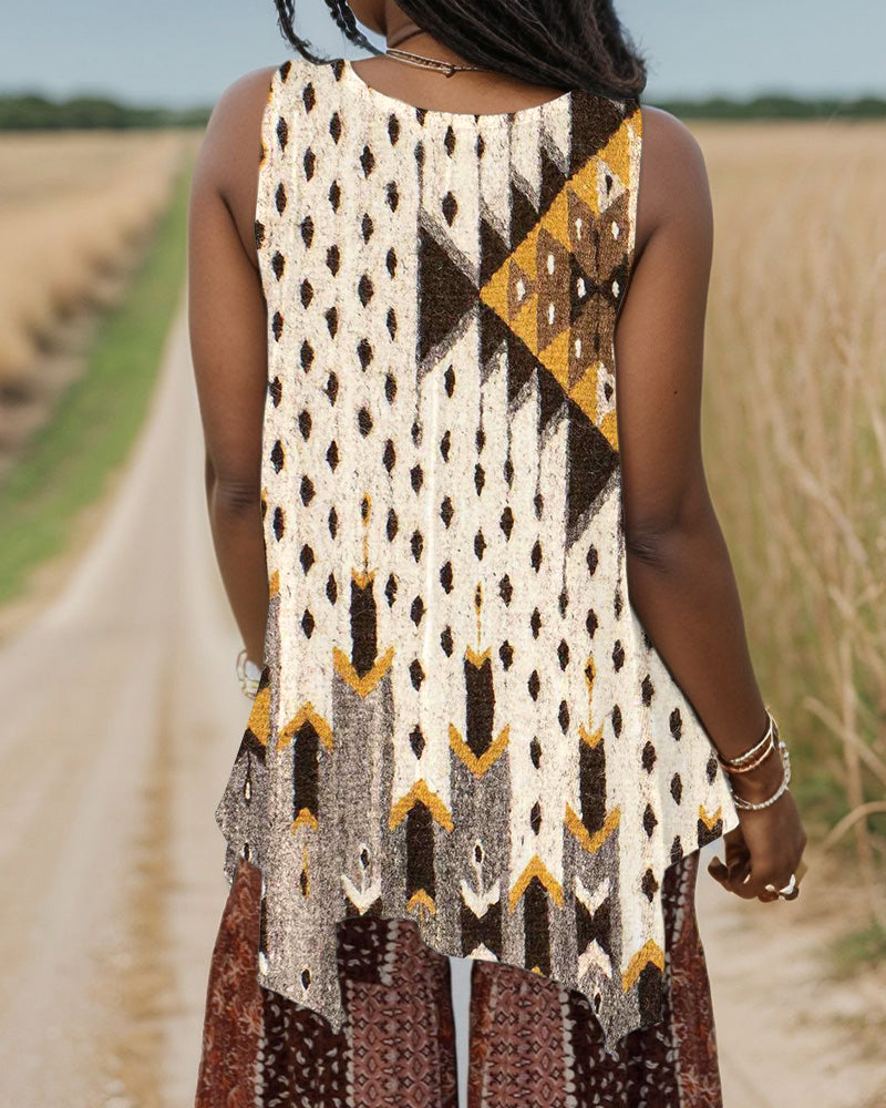 Ethnic Print V-neck Irregular Long Vest