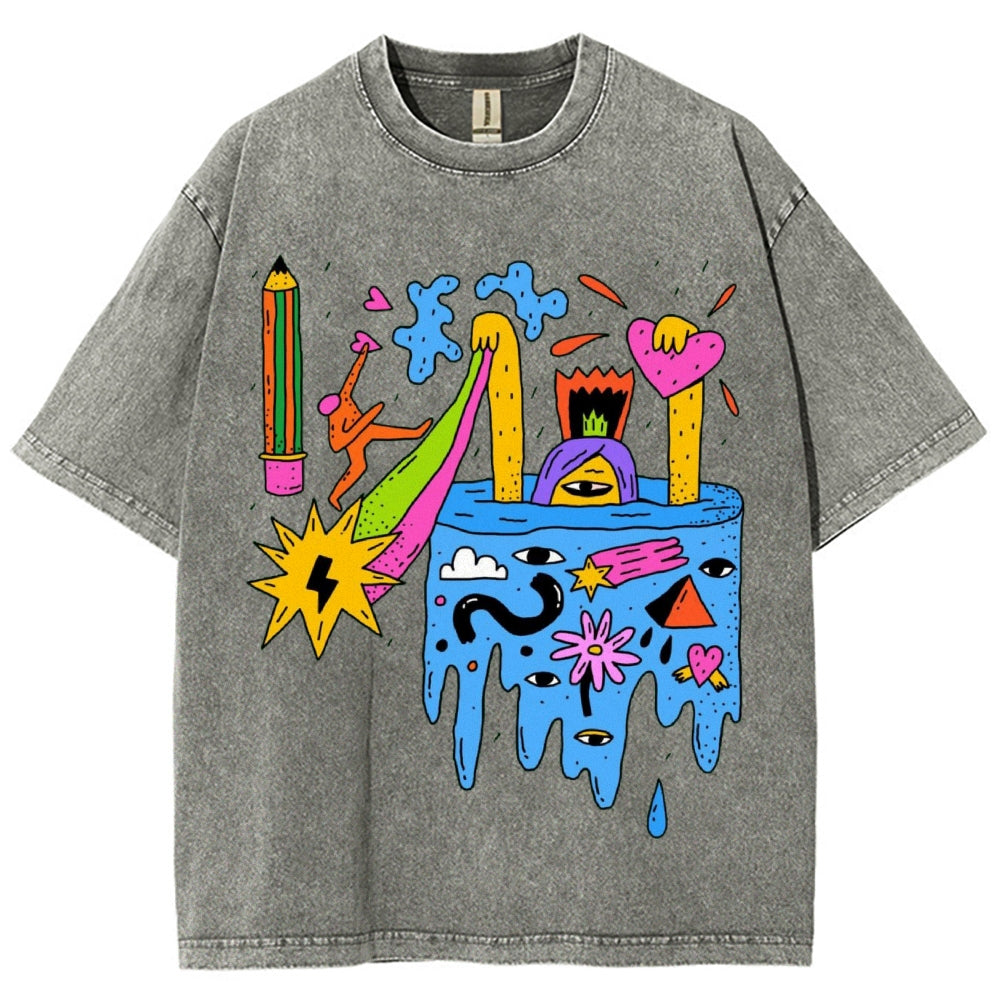 Unisex Abstract Art Eyes Printed Washed Tee