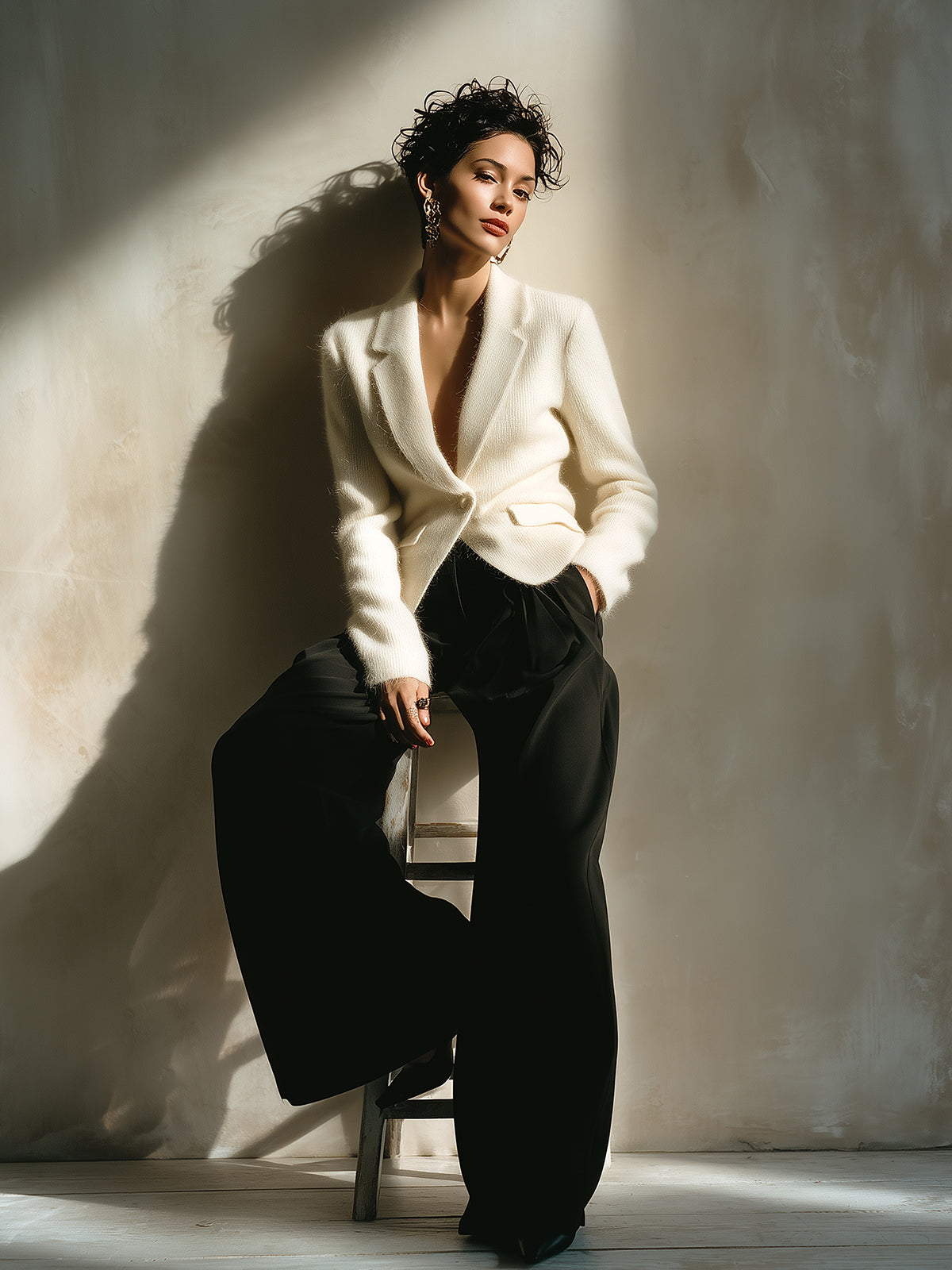 Taidalw Chic Vintage Cream White Peaked Collar Single-Breasted Slim-Fit Fuzzy Knit Blazer