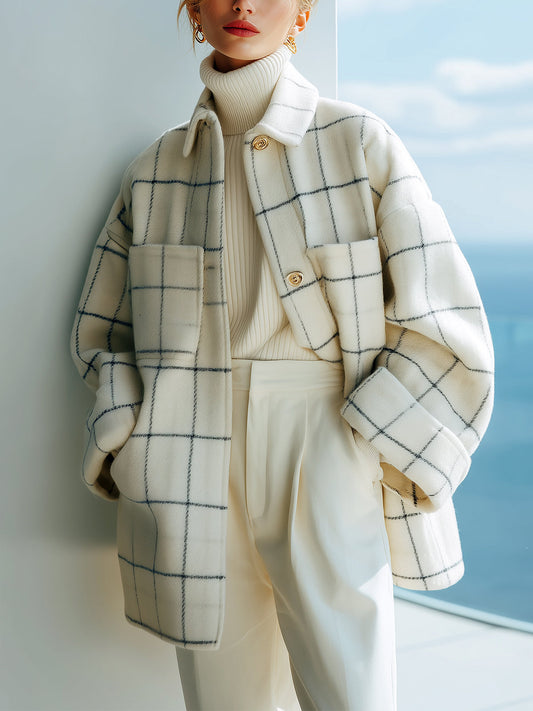 Taidalw Chic Vintage Contrast Plaid Wool Blend Lapel Single Breasted Patch Pocket Slouchy Mid-length Jacket