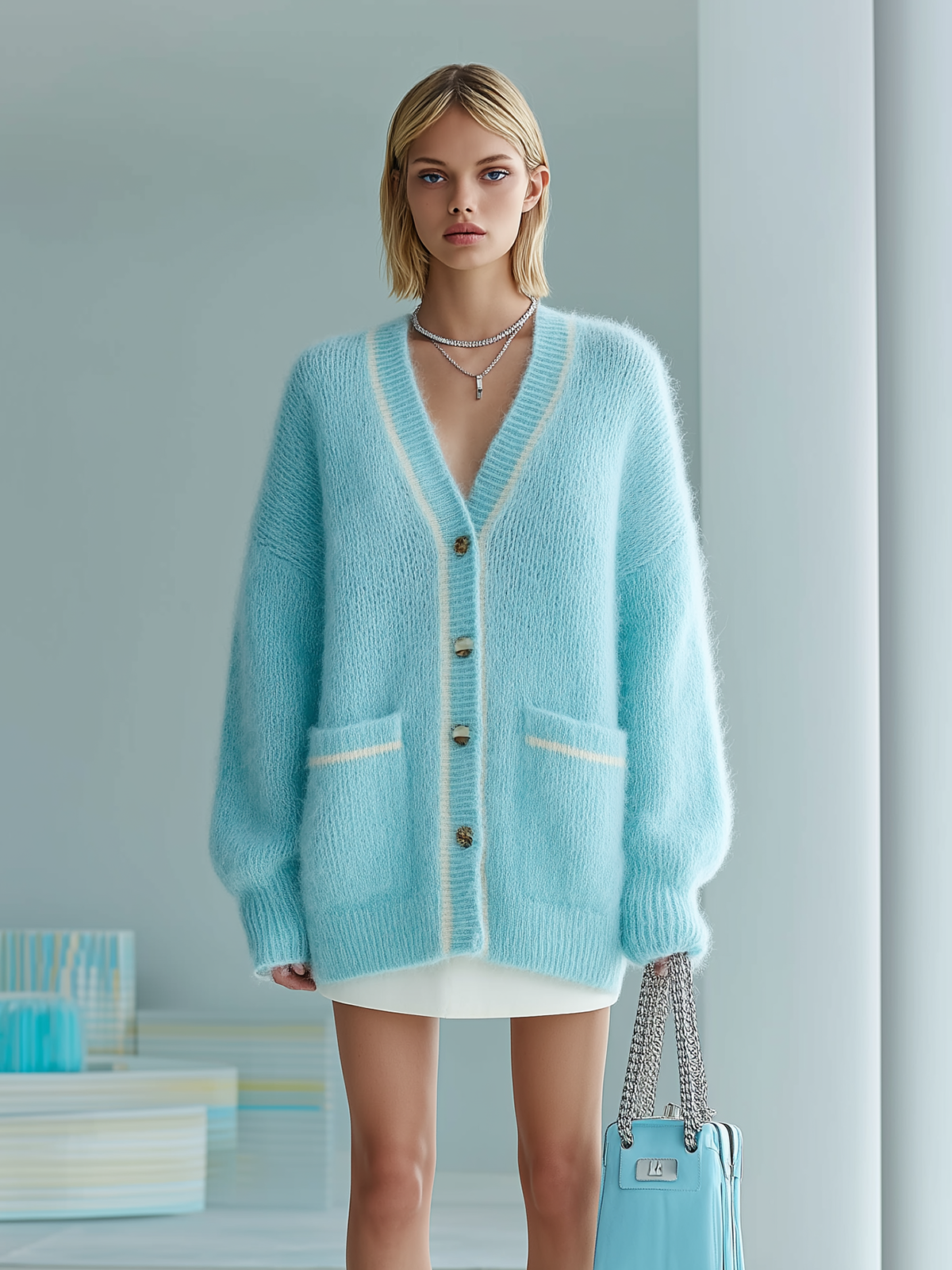 Taidalw Chic Casual Blue  V-Collar Long-sleeved Button Patch Pocket Contrast Trim Details Oversized Mohair Knit Cardigan