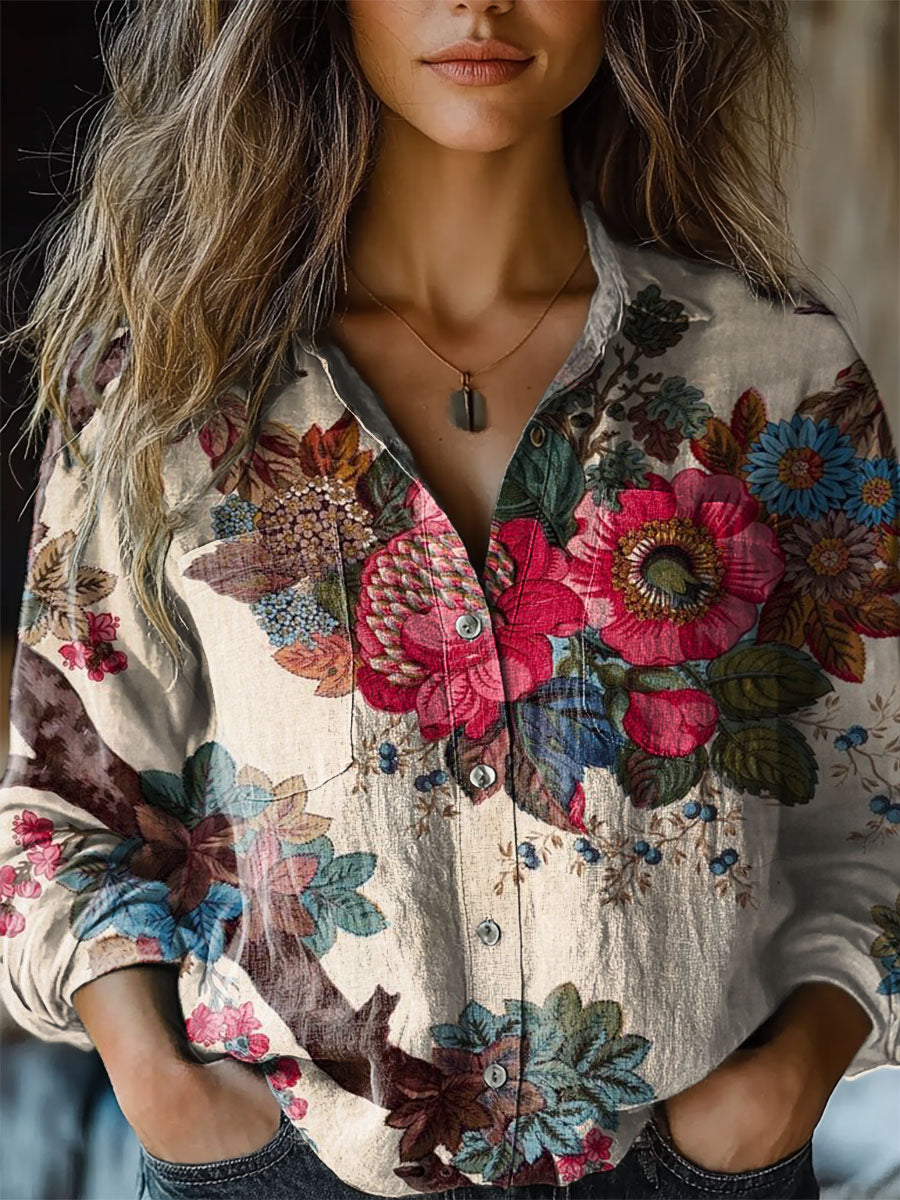 Women's Retro Flowers Print Casual Long Sleeve Comfortable Cotton Shirt