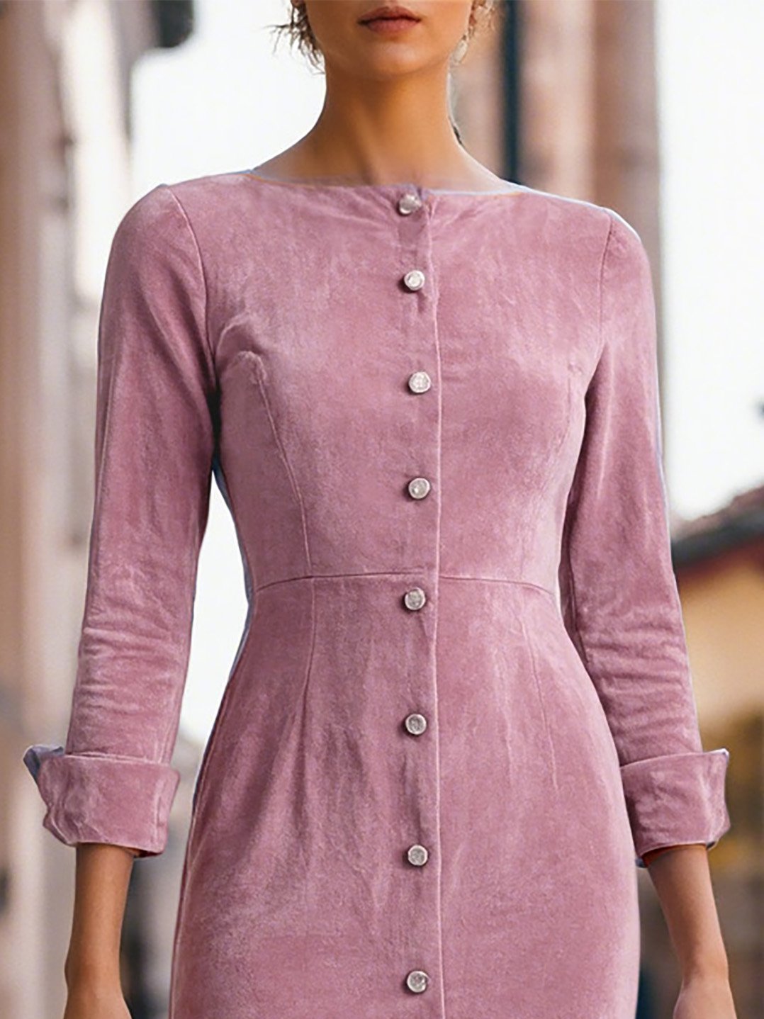 Midi Cotton Dress, Half Sleeve, Boat Neck, Plain, Button Design, Vintage, Pink