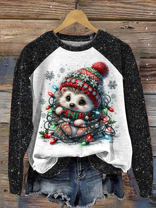 Christmas Season Hedgehog Graphic Printed Casual Sweatshirt