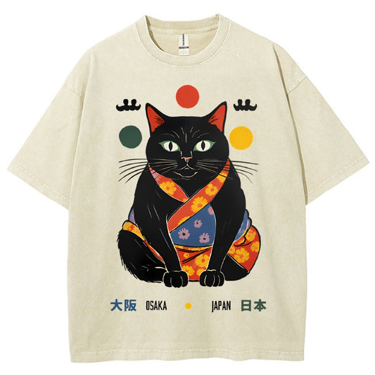 Unisex Japan Cat Printed Washed Tee