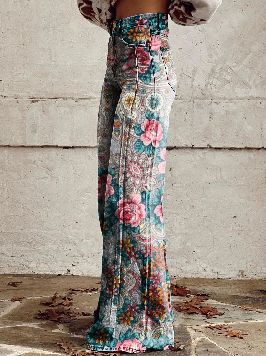 Women's Vintage Bohemian Floral Print Casual Wide Leg Pants