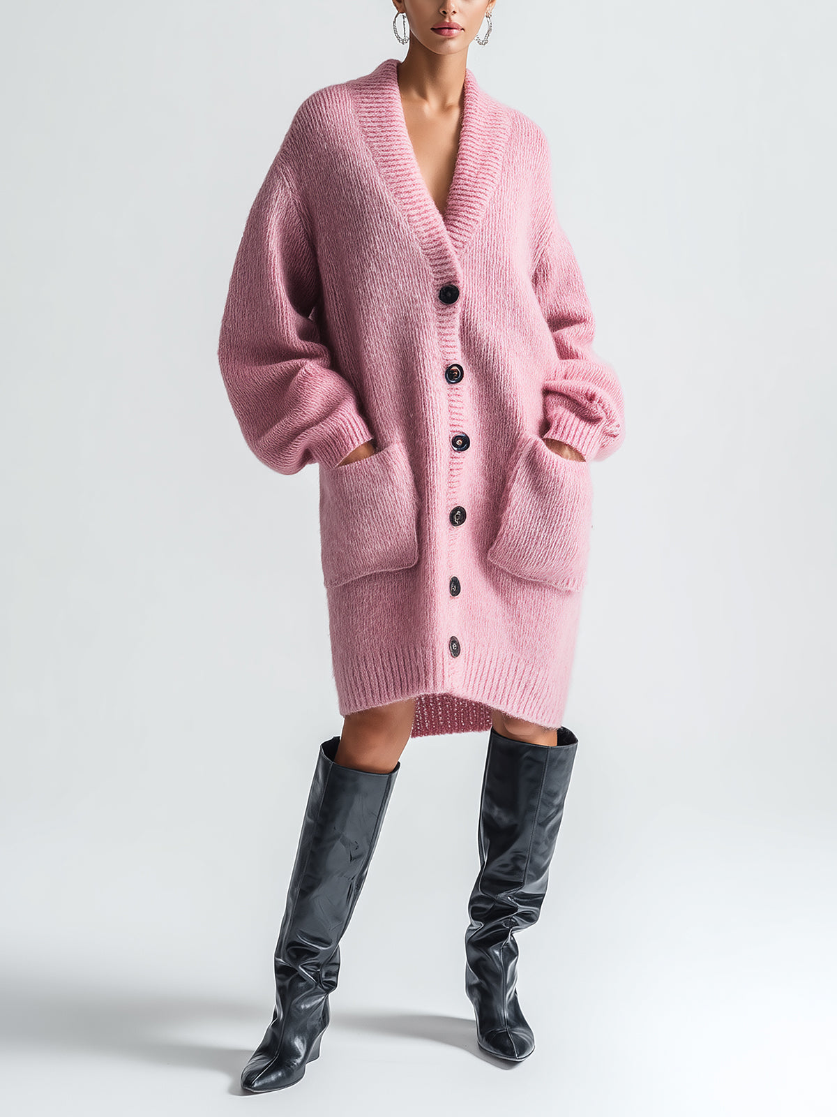 Taidalw Chic Vintage Pink V-Neck Single-Breasted Long Sleeve Patch Pocket Oversized Knit Mid-Length Cardigan