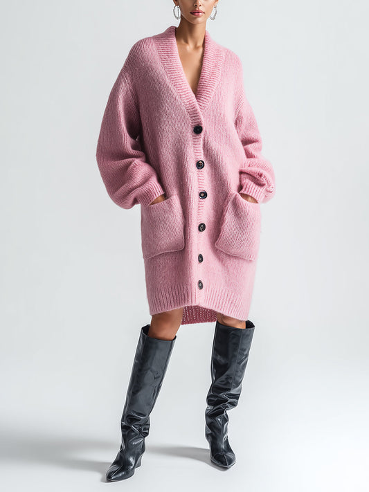 Taidalw Chic Vintage Pink V-Neck Single-Breasted Long Sleeve Patch Pocket Oversized Knit Mid-Length Cardigan