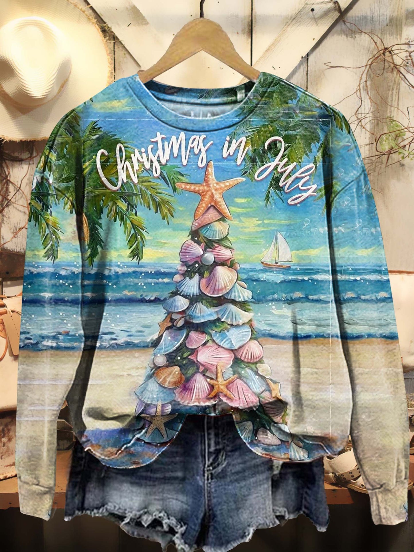 Beach Coconut Tree Shell Christmas Tree Pattern Art Print Casual Sweatshirt