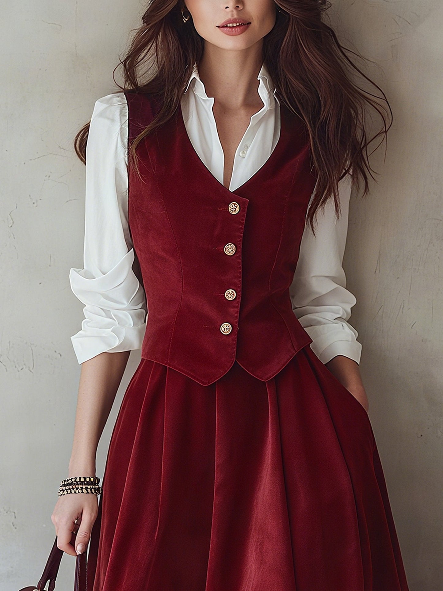 Cotton Vest, Sleeveless, V Neck, Plain, Button Design, Vintage, Green