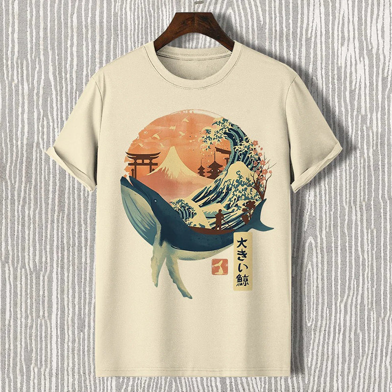 Whale Mount Fuji Ukiyoe Japanese Art Print Cotton Casual T-shirt