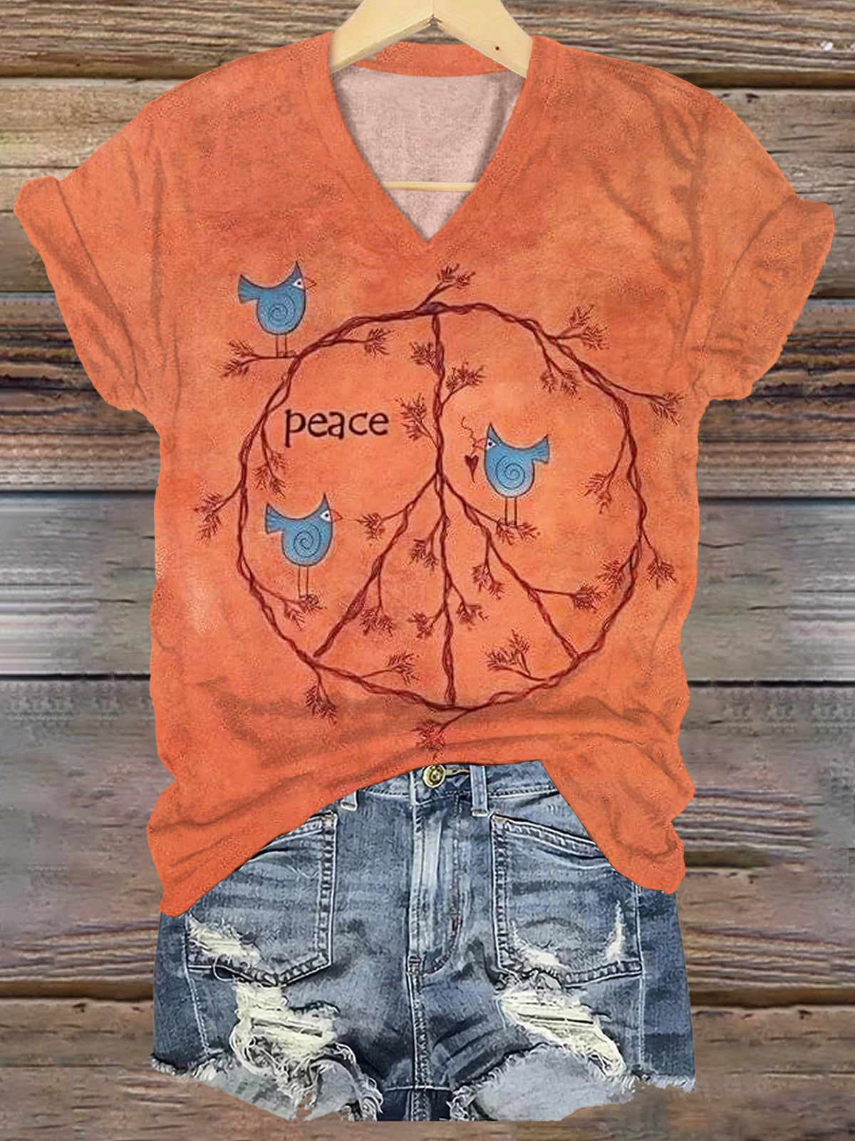 Women's Vintage Peace Love Birds Print Casual V-neck Casual T-Shirt