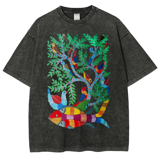 Unisex Colorful Art Fish Printed Washed Tee