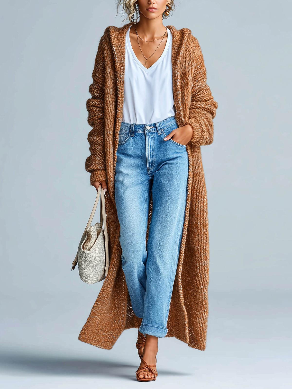 Taidalw Chic Vintage Brown Hooded Maxi-Length Slouchy Textured Knit Cardigan