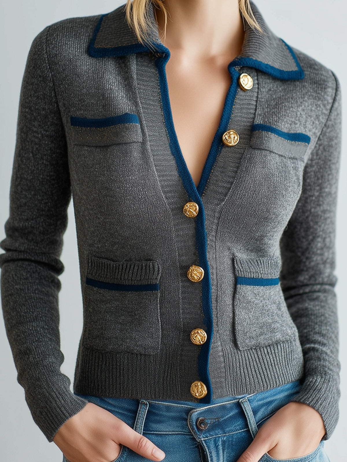 Taidalw Chic Casual Gray Lapel Single-Breasted Patch Pocket Contrast Trim Long Sleeve Slim Fit Knit Cropped Cardigan
