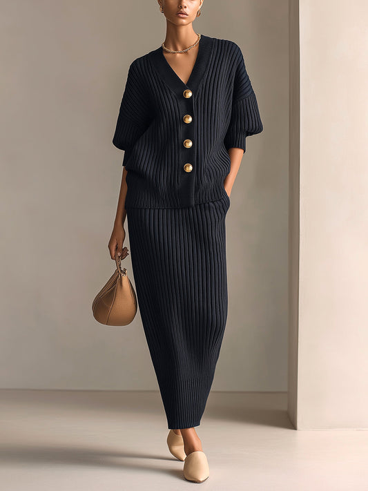 Taidalw Chic Elegant Navy Blue V-Neck Single-Breasted Half-Sleeve Loose-Fit Cardigan And Bodycon Maxi Skirt Ribbed Knit Two-Piece Set