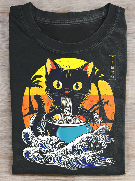 Funny Japanese Cat Ramen Anime Kawaii Cat Art Print Casaul Short Sleeve T-shirt