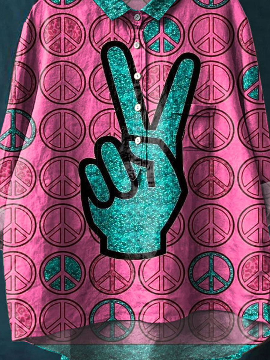 Vintage Peace And Love Art Print Casual Cotton And Linen Shirt