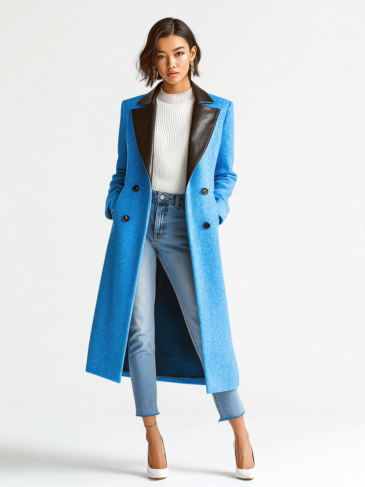 Taidalw Chic Vintage Bright Blue Wool Blend Contrast PU Collar Paneled Double-Breasted Long Coat