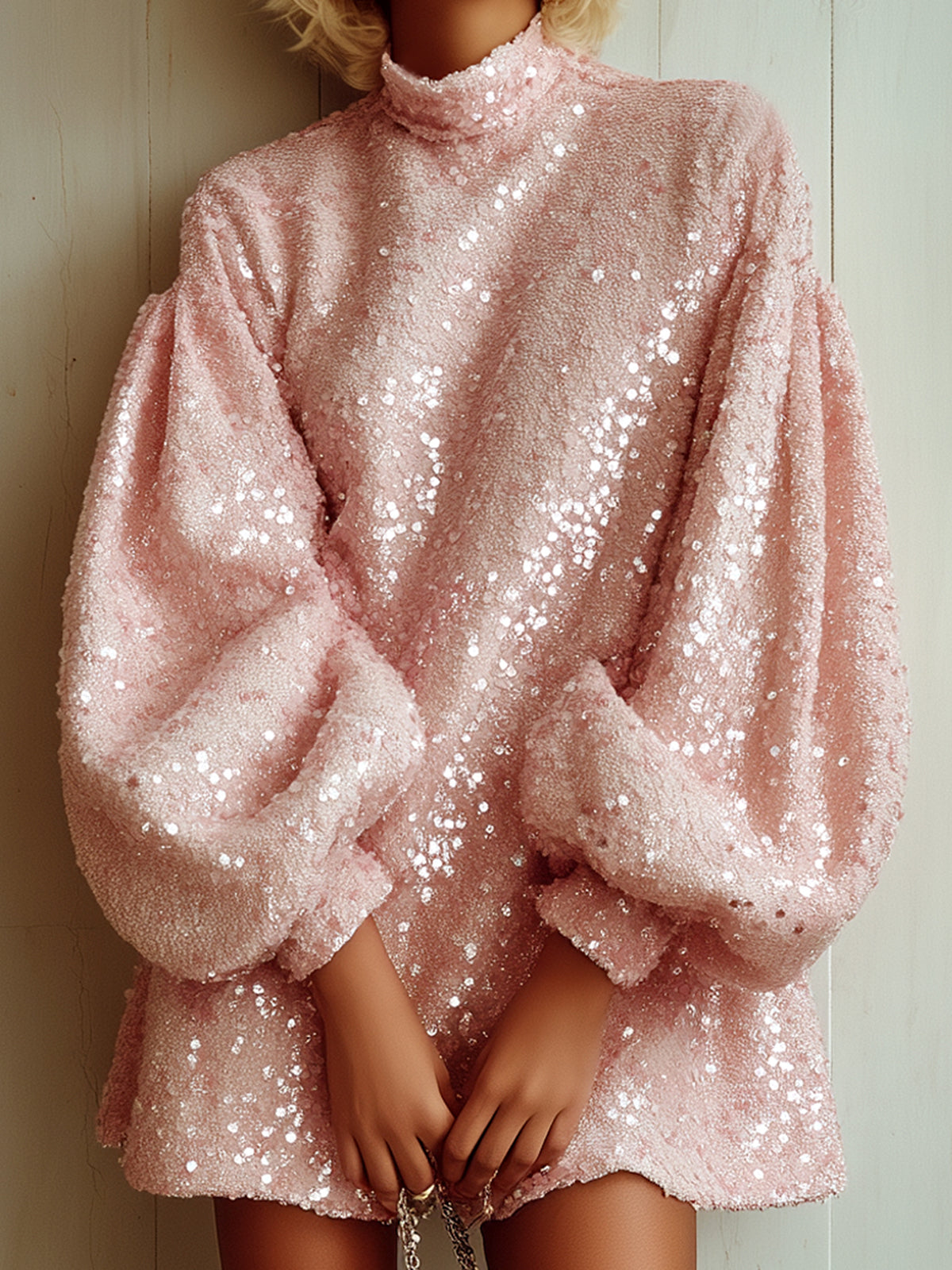 Taidalw Chic Vintage Pink Sequins Stand Collar Long Lantern Sleeve Oversized A-Line Mini Dress