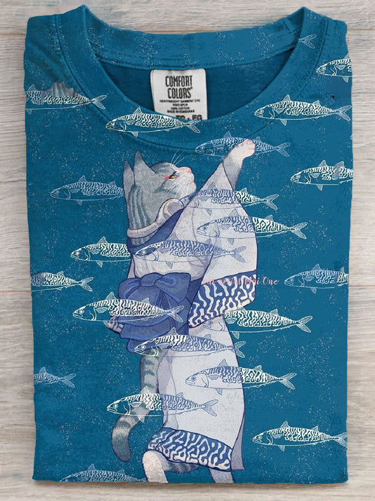 Japanese Cat Fish Art Print Casual Short Sleeve T-shirt