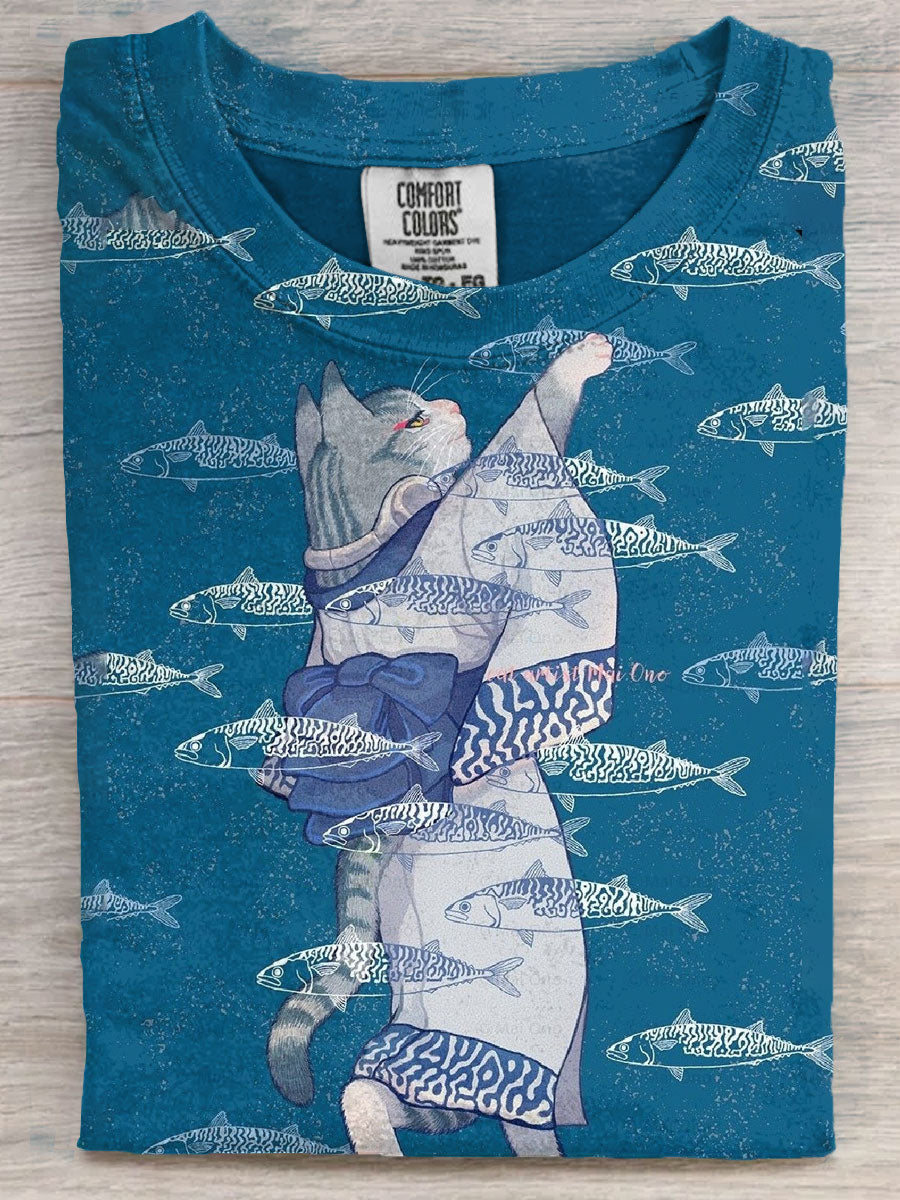 Japanese Cat Fish Art Print Casual Short Sleeve T-shirt