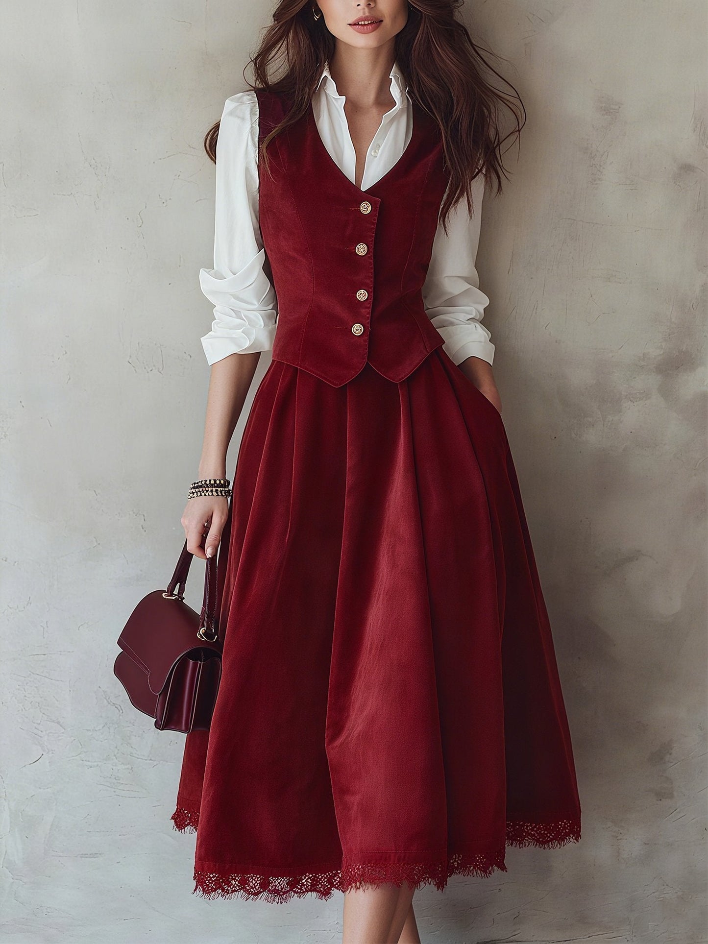 Midi Cotton Skirt, Plain, Pocket Design, Vintage, Green