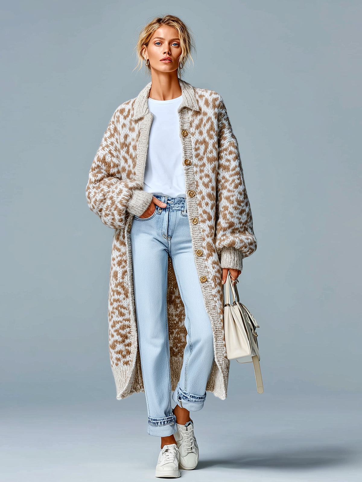 Taidalw Chic Vintage Light Khaki Leopard Lapel Single-breasted Maxi-Length Slouchy Knit Cardigan