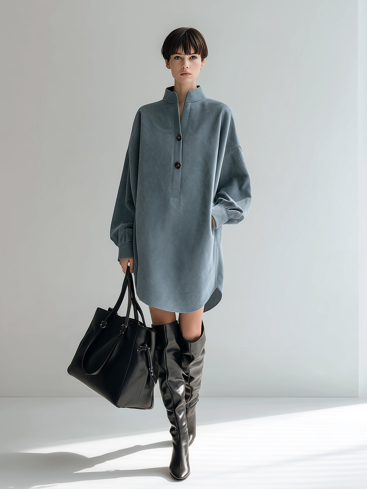 Taidalw Chic Vintage Gray Faux Suede Stand Collar Long Lantern Sleeve Oversized Mini Dress
