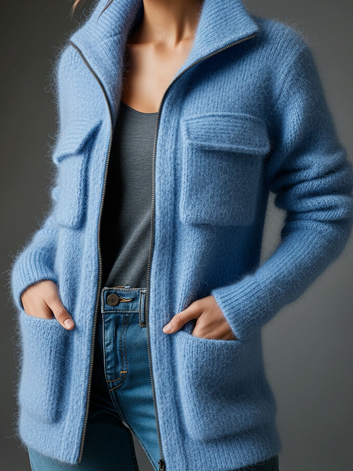 Taidalw Chic Casual Blue Lapel Zipper-Front Multi-Pocket Long-Sleeve Loose Fuzzy Knit Mid-Length Cardigan