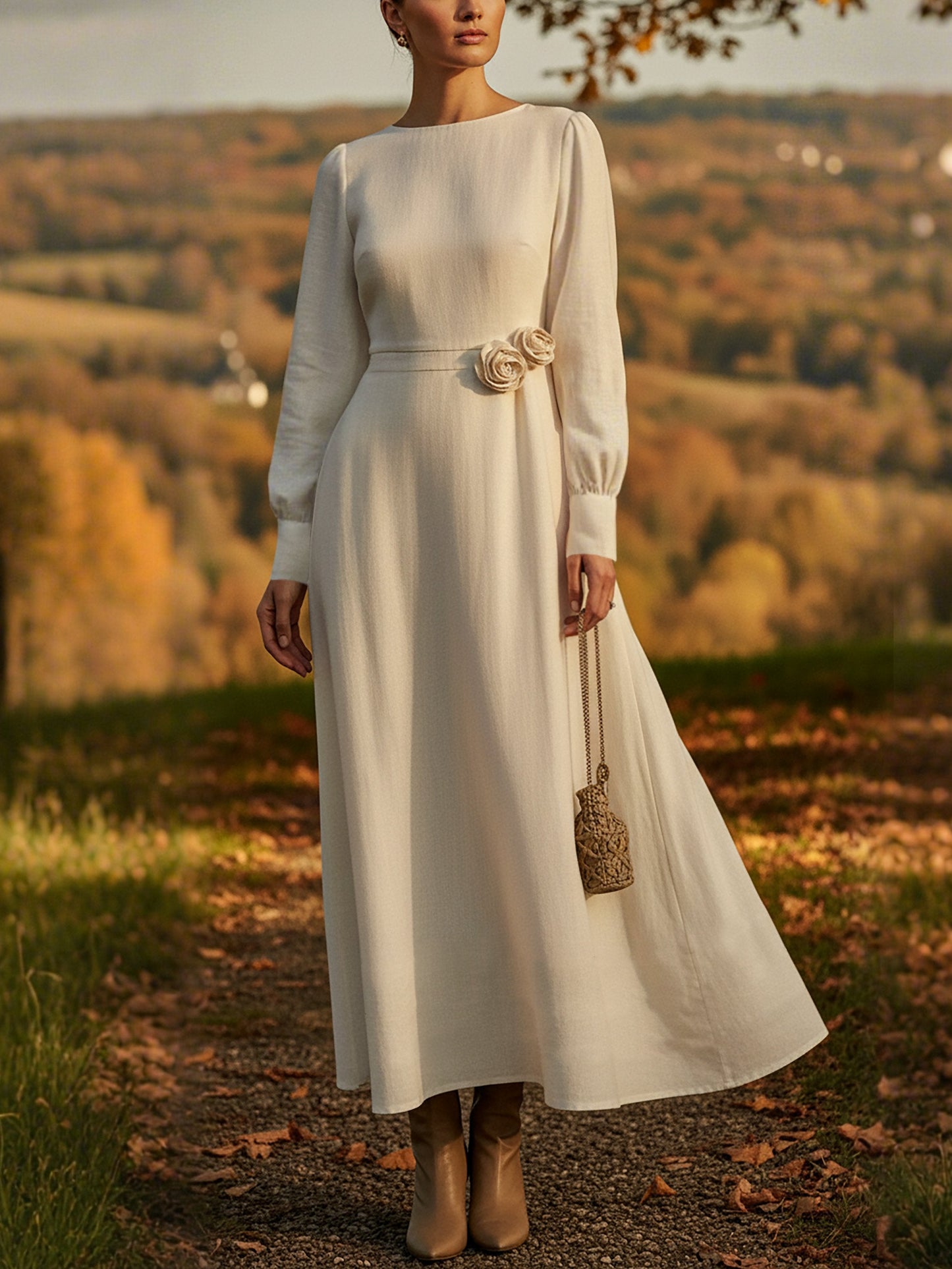 Maxi Linen Dress, Long Sleeves, Round Neck, Plain, 3D Floral, Vintage, White