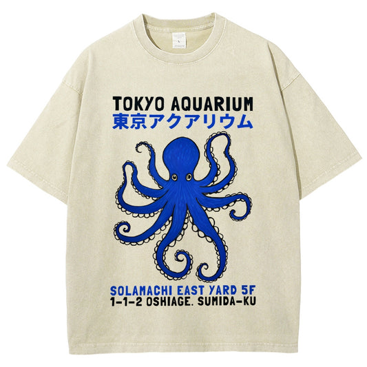 Unisex Japanese Style Octopus Printed Washed Tee