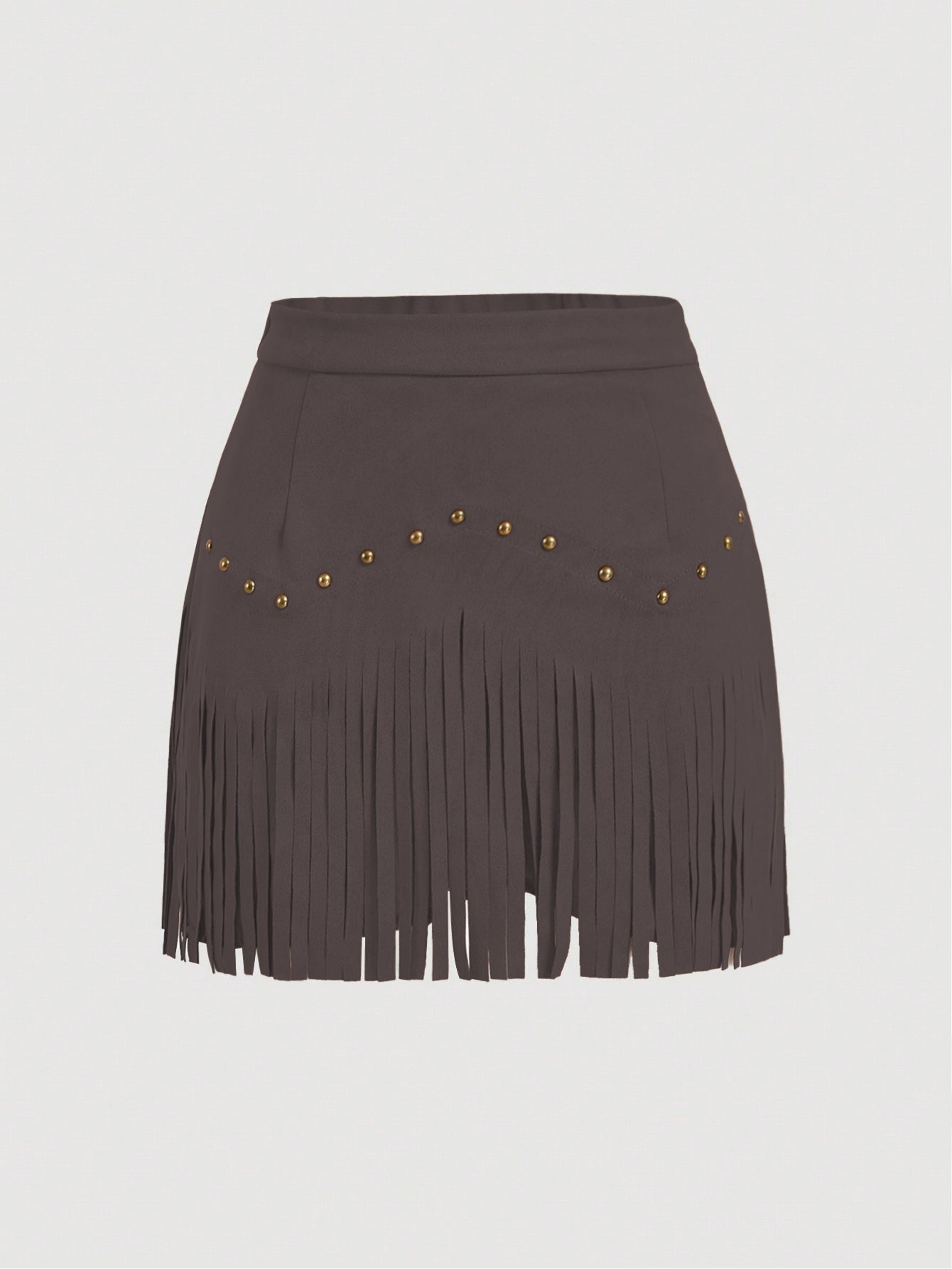 Women's Vintage Hippie Rivet Fringe Brown Suede A-Line Skirt
