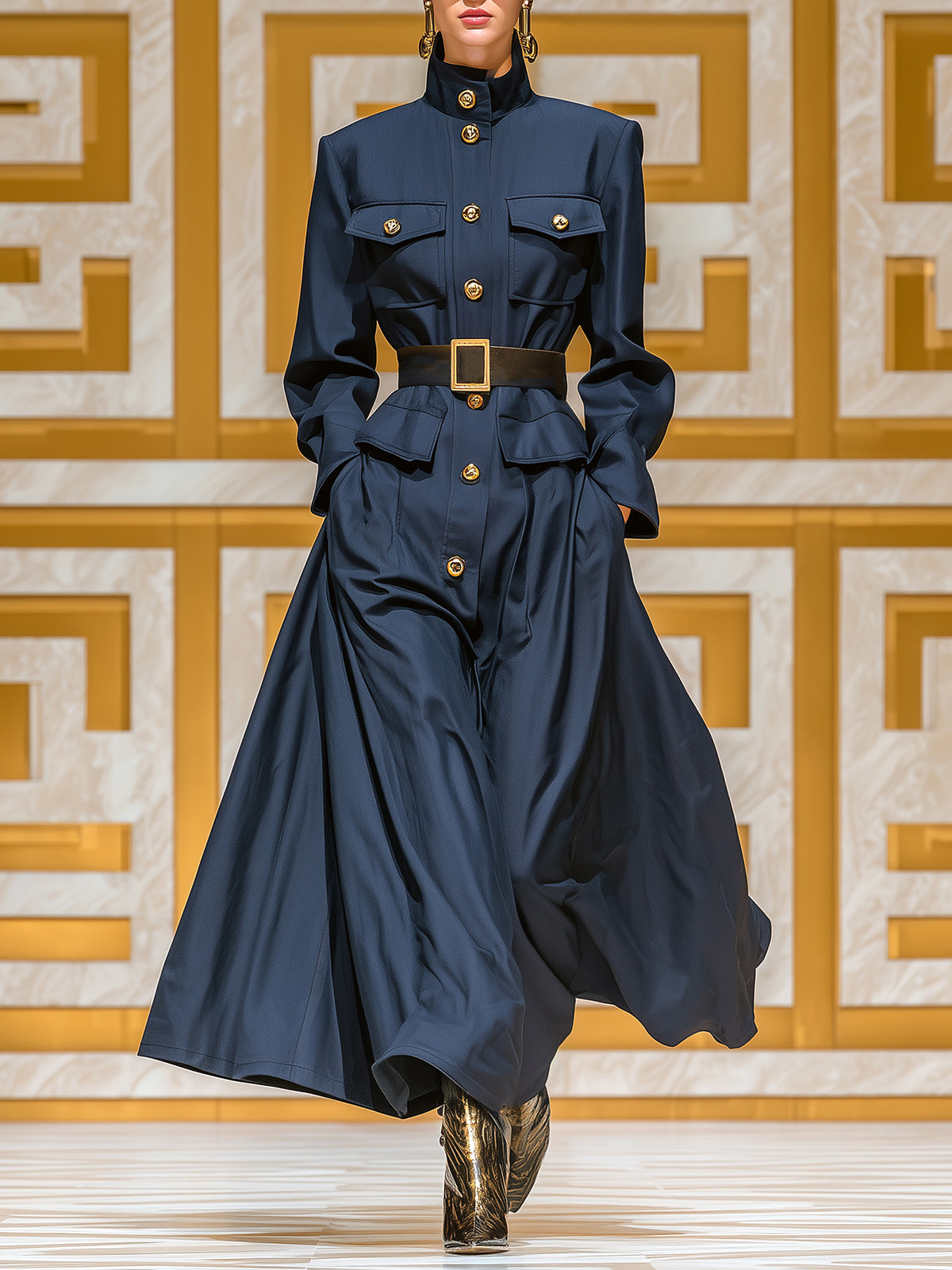 Taidalw Chic Casual Navy Blue Cotton Blend Stand Collar Single Breasted Utility Pocket Belted Maxi Dress Coat