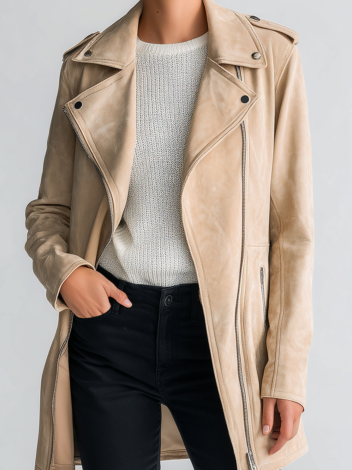 Taidalw Chic Casual Beige Faux Suede Biker Style Lapel Asymmetric Zip Mid-Length Jacket