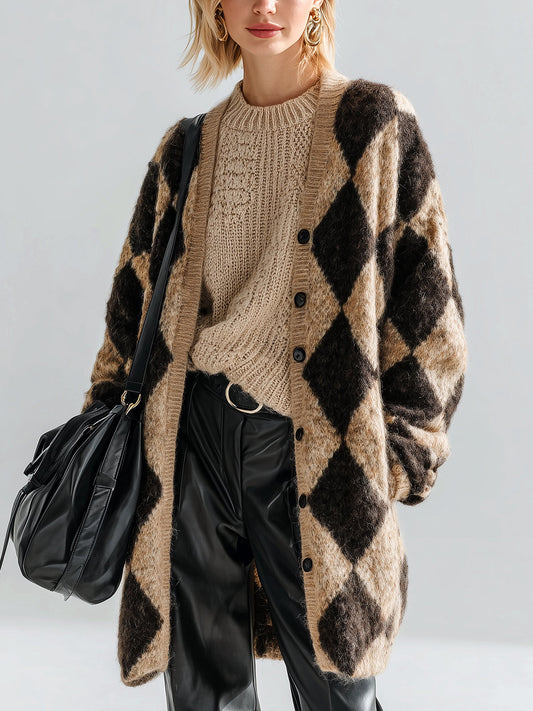 Taidalw Chic Vintage Contrast Argyle Oversized Long Sleeve Mid-Length Fuzzy Knit Cardigan
