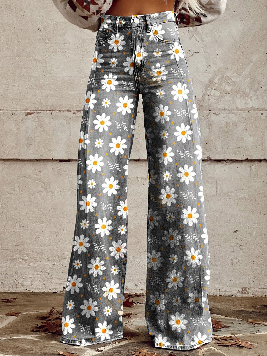 Women's Vintage Flower Daisy Print Casual Wide Leg Pants