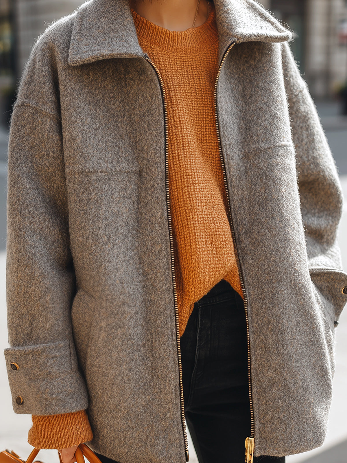 Taidalw Casual Chic Gray Wool Blend Lapel Zip-Front Oversized Warm Coat