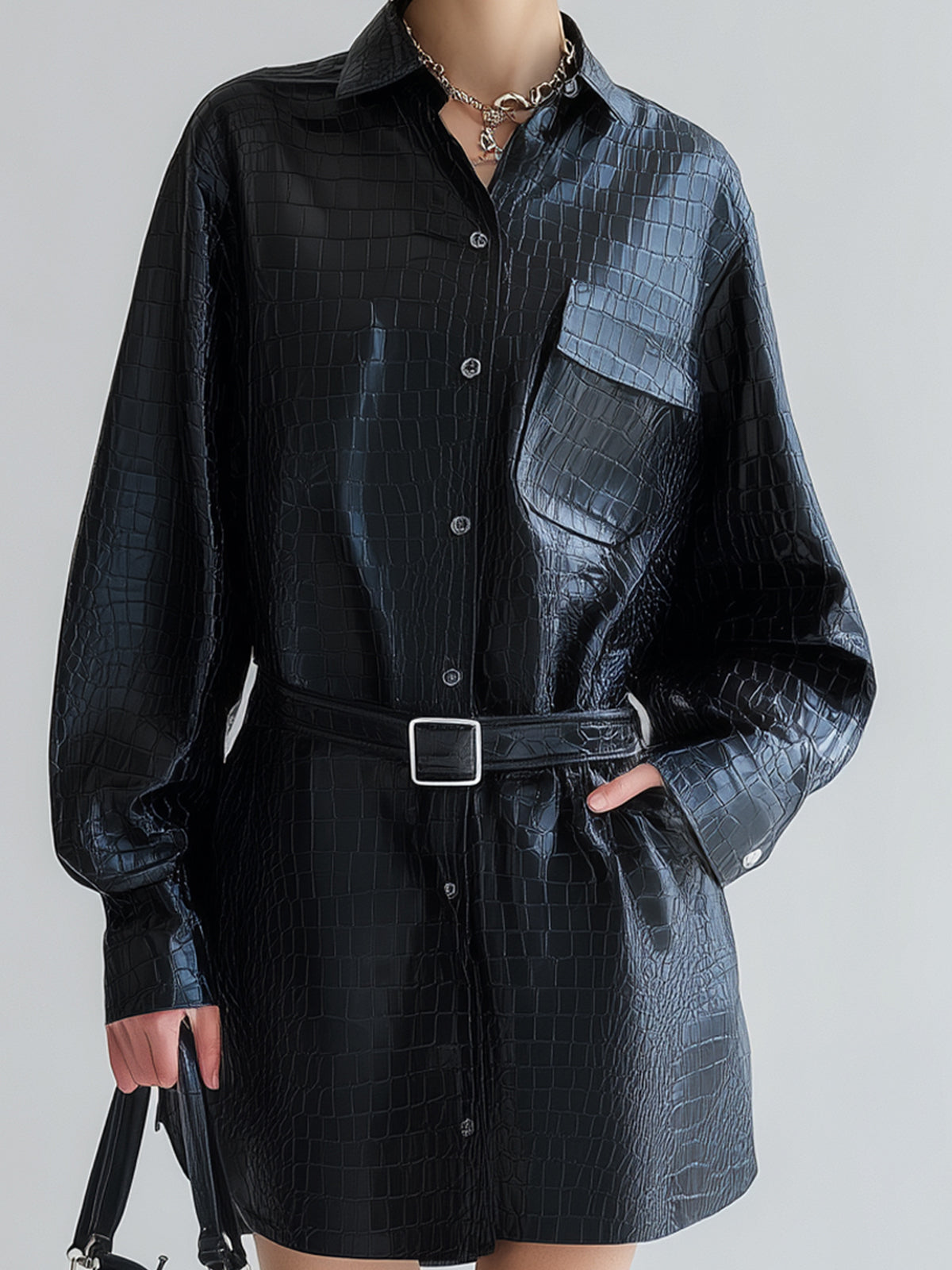 Taidalw Chic Vintage Black Crocodile PU Lapel Single-Breasted Long Sleeve Belted Oversized Mini Shirt Dress