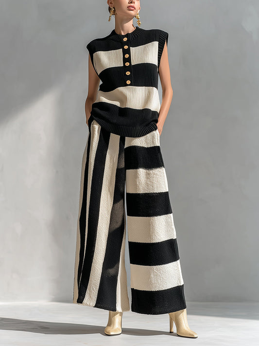 Taidalw Chic Elegant Black-Beige Stripes Round-Neck Sleeveless Oversize Vest Loose-Fit Wide-Leg Pants Ribbed Knit Two-Piece Set